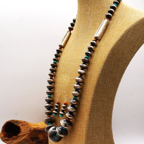 Native American Navajo Turquoise Silver Pearls Spiney Oyster Necklace & Earrings - Picture 4 of 10